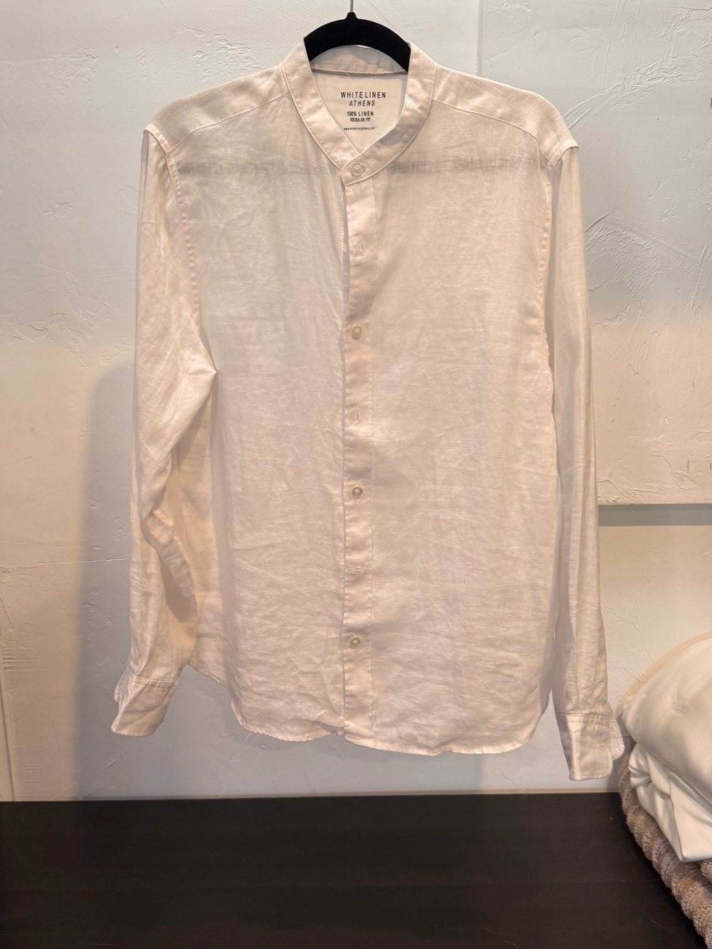 White Linen Mandarin-Collar Shirt from Greece - Medium